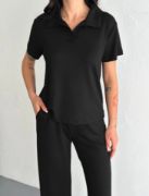 Osy Modal Yumuşak Dokulu Kumaş Kısa Kollu Yakalı T-shirt Pantalon Ikili Takım- Siyah resmi